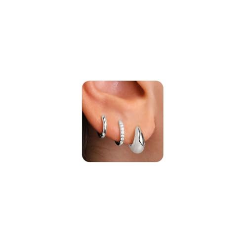 FUNEIA Ohrringe Silber 925 /14K Vergoldet Damen Klein Creolen Ohrstecker Silber Gold Set mit Zirkonia Stapelbar Wasserfest Stecker Hypoallergene Goldene Ohrringe Mehrere Piercings Ohrlöcher Schmuck von FUNEIA