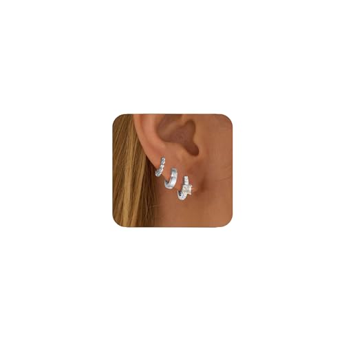 FUNEIA 3 Paar Silber 925 / Gold Damen Silber 925 Set 14K Vergoldet Kleine Creolen Ohrringe Hypoallergen Wasserfest Ohrringe Mehrere Ohrloecher Mini Creolen Piercings Schmuck von FUNEIA