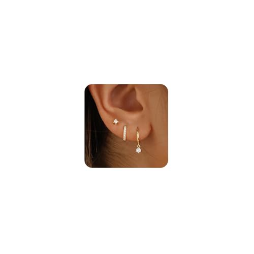 FUNEIA Ohrringe Silber 925 Set für Damen 14K Vergoldet Kleine Creolen Ohrstecker Silber Gold mit Zirkonia Anhänger Stapelbar Wasserfest Stecker Ohrringe Set für Mehrere Ohrlöcher Schmuck Geschenk von FUNEIA