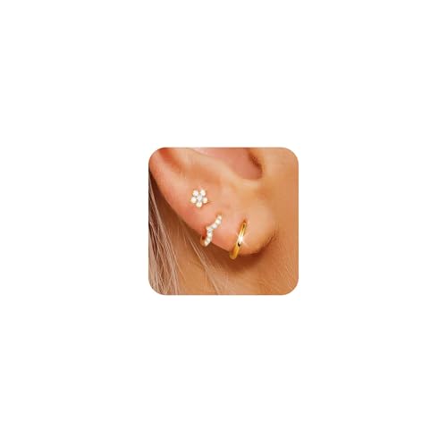 FUNEIA Ohrringe Silber 925 Set für Damen 14K Vergoldet Kleine Creolen Ohrstecker Silber Gold mit Zirkonia Anhänger Stapelbar Wasserfest Stecker Ohrringe Set für Mehrere Ohrlöcher Schmuck Geschenk von FUNEIA