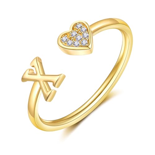 FUNEIA Herz Ring mit Buchstaben Damen Frauen Gold Silber Rosegold Verstellbarer Initiale A-Z Zirkonia Fingerring Stapelring Wasserfest Buchstabering Schmuck Mädchen Geschenkbox von FUNEIA
