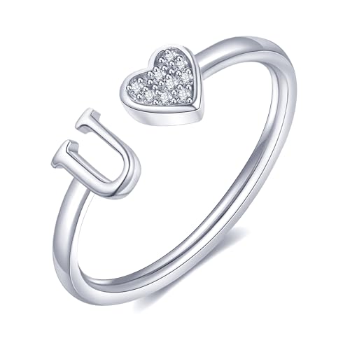 FUNEIA Herz Ring mit Buchstaben Damen Frauen Gold Silber Rosegold Verstellbarer Initiale A-Z Zirkonia Fingerring Stapelring Wasserfest Buchstabering Schmuck Mädchen Geschenkbox von FUNEIA