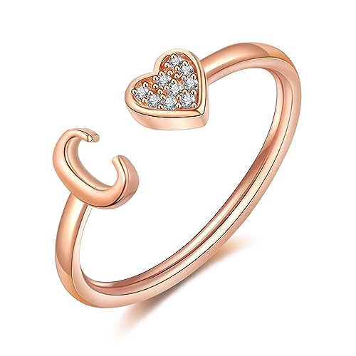 FUNEIA Herz Ring mit Buchstaben Damen Frauen Gold Silber Rosegold Verstellbarer Initiale A-Z Zirkonia Fingerring Stapelring Wasserfest Buchstabering Schmuck Mädchen Geschenkbox von FUNEIA