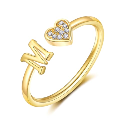 FUNEIA Herz Ring mit Buchstaben Damen Frauen Gold Silber Rosegold Verstellbarer Initiale A-Z Zirkonia Fingerring Stapelring Wasserfest Buchstabering Schmuck Mädchen Geschenkbox von FUNEIA