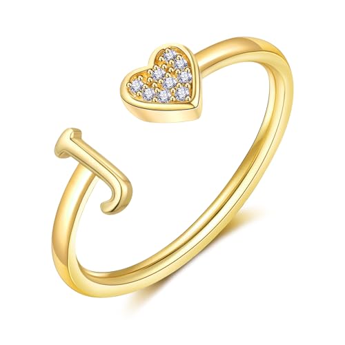 FUNEIA Herz Ring mit Buchstaben Damen Frauen Gold Silber Rosegold Verstellbarer Initiale A-Z Zirkonia Fingerring Stapelring Wasserfest Buchstabering Schmuck Mädchen Geschenkbox von FUNEIA