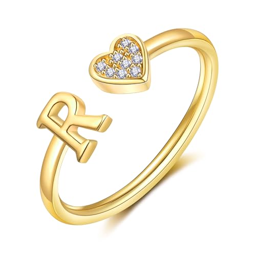 FUNEIA Herz Ring mit Buchstaben Damen Frauen Gold Silber Rosegold Verstellbarer Initiale A-Z Zirkonia Fingerring Stapelring Wasserfest Buchstabering Schmuck Mädchen Geschenkbox von FUNEIA