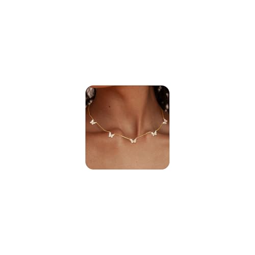FUNEIA Gold Silber Kette Damen 14 Karat Vergoldete Halskette Cubic Zirkonia Choker Herz Schmetterling Blume Kette Hypoallergene Wasserfest Statement Kette Prsonalisiert Modeschmuck Geschenke von FUNEIA