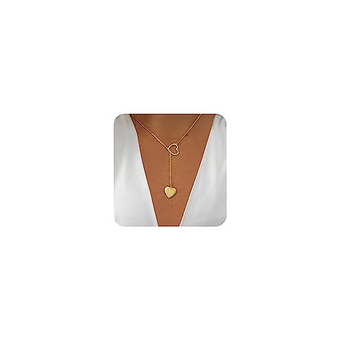 FUNEIA Kette Gold Damen 14K Vergoldete Modeschmuck Kette Lang Y Kette mit Herz Perlen CZ Anhänger Wasserfeste Verstellbare Ankerketten Tropfen Halskette Gold für Frauen Schmuck von FUNEIA