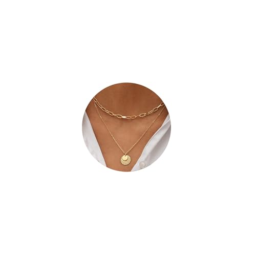FUNEIA Kette Gold Damen Layered Halskette 14k Vergoldet Kette mit Anhänger Rundem Plättchen Choker Doppelkette Multilayer Zarte Wasserfester Hypoallergene Goldene Ketten Modeschmuck Für Frauen Mädchen von FUNEIA