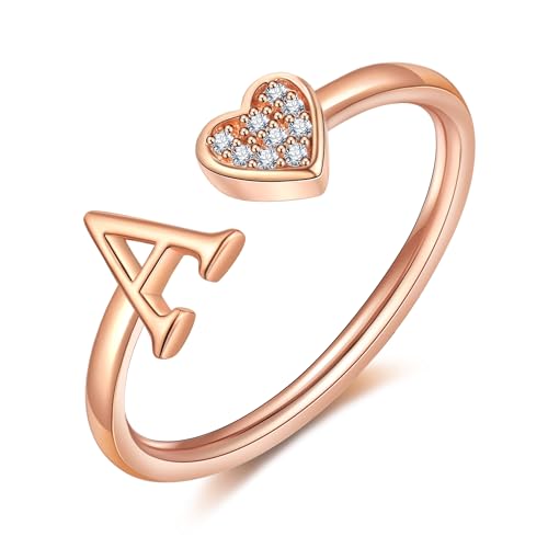 FUNEIA Herz Ring mit Buchstaben Damen Frauen Gold Silber Rosegold Verstellbarer Initiale A-Z Zirkonia Fingerring Stapelring Wasserfest Buchstabering Schmuck Mädchen Geschenkbox von FUNEIA