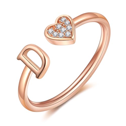 FUNEIA Herz Ring mit Buchstaben Damen Frauen Gold Silber Rosegold Verstellbarer Initiale A-Z Zirkonia Fingerring Stapelring Wasserfest Buchstabering Schmuck Mädchen Geschenkbox von FUNEIA