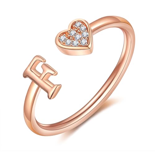 FUNEIA Herz Ring mit Buchstaben Damen Frauen Gold Silber Rosegold Verstellbarer Initiale A-Z Zirkonia Fingerring Stapelring Wasserfest Buchstabering Schmuck Mädchen Geschenkbox von FUNEIA