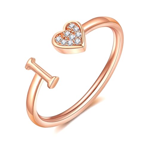 FUNEIA Herz Ring mit Buchstaben Damen Frauen Gold Silber Rosegold Verstellbarer Initiale A-Z Zirkonia Fingerring Stapelring Wasserfest Buchstabering Schmuck Mädchen Geschenkbox von FUNEIA