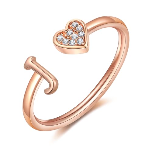 FUNEIA Herz Ring mit Buchstaben Damen Frauen Gold Silber Rosegold Verstellbarer Initiale A-Z Zirkonia Fingerring Stapelring Wasserfest Buchstabering Schmuck Mädchen Geschenkbox von FUNEIA