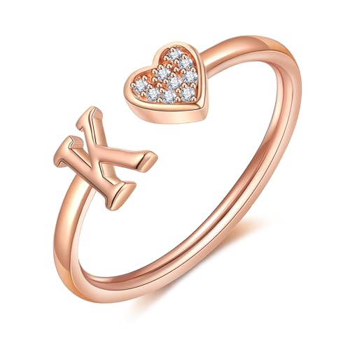 FUNEIA Herz Ring mit Buchstaben Damen Frauen Gold Silber Rosegold Verstellbarer Initiale A-Z Zirkonia Fingerring Stapelring Wasserfest Buchstabering Schmuck Mädchen Geschenkbox von FUNEIA