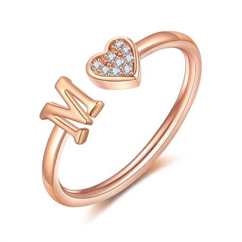 FUNEIA Herz Ring mit Buchstaben Damen Frauen Gold Silber Rosegold Verstellbarer Initiale A-Z Zirkonia Fingerring Stapelring Wasserfest Buchstabering Schmuck Mädchen Geschenkbox von FUNEIA