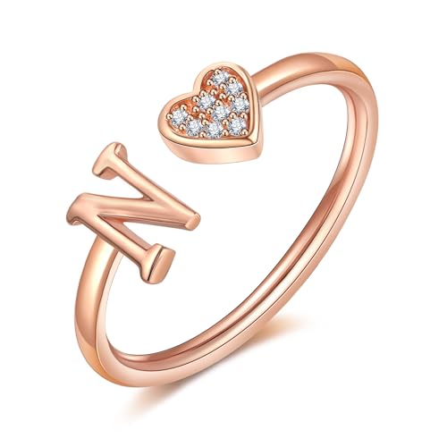 FUNEIA Herz Ring mit Buchstaben Damen Frauen Gold Silber Rosegold Verstellbarer Initiale A-Z Zirkonia Fingerring Stapelring Wasserfest Buchstabering Schmuck Mädchen Geschenkbox von FUNEIA