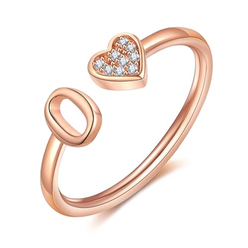 FUNEIA Herz Ring mit Buchstaben Damen Frauen Gold Silber Rosegold Verstellbarer Initiale A-Z Zirkonia Fingerring Stapelring Wasserfest Buchstabering Schmuck Mädchen Geschenkbox von FUNEIA