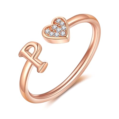 FUNEIA Herz Ring mit Buchstaben Damen Frauen Gold Silber Rosegold Verstellbarer Initiale A-Z Zirkonia Fingerring Stapelring Wasserfest Buchstabering Schmuck Mädchen Geschenkbox von FUNEIA