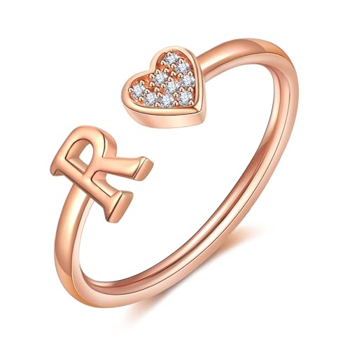 FUNEIA Herz Ring mit Buchstaben Damen Frauen Gold Silber Rosegold Verstellbarer Initiale A-Z Zirkonia Fingerring Stapelring Wasserfest Buchstabering Schmuck Mädchen Geschenkbox von FUNEIA