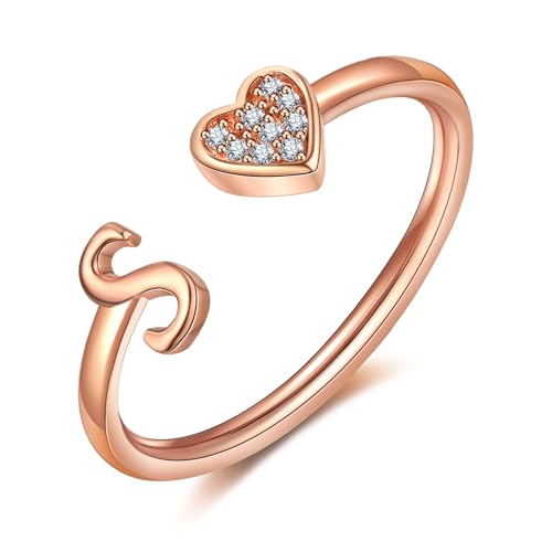 FUNEIA Herz Ring mit Buchstaben Damen Frauen Gold Silber Rosegold Verstellbarer Initiale A-Z Zirkonia Fingerring Stapelring Wasserfest Buchstabering Schmuck Mädchen Geschenkbox von FUNEIA