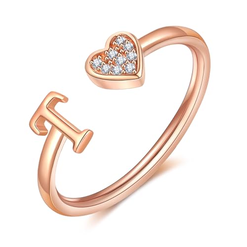 FUNEIA Herz Ring mit Buchstaben Damen Frauen Gold Silber Rosegold Verstellbarer Initiale A-Z Zirkonia Fingerring Stapelring Wasserfest Buchstabering Schmuck Mädchen Geschenkbox von FUNEIA