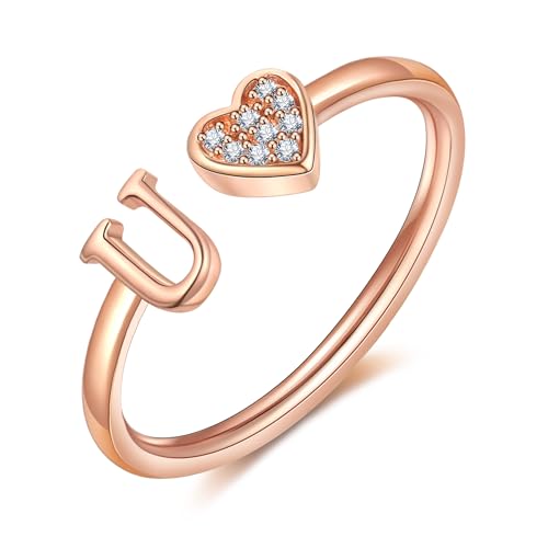 FUNEIA Herz Ring mit Buchstaben Damen Frauen Gold Silber Rosegold Verstellbarer Initiale A-Z Zirkonia Fingerring Stapelring Wasserfest Buchstabering Schmuck Mädchen Geschenkbox von FUNEIA