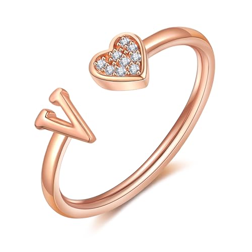 FUNEIA Herz Ring mit Buchstaben Damen Frauen Gold Silber Rosegold Verstellbarer Initiale A-Z Zirkonia Fingerring Stapelring Wasserfest Buchstabering Schmuck Mädchen Geschenkbox von FUNEIA