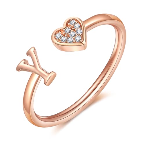 FUNEIA Herz Ring mit Buchstaben Damen Frauen Gold Silber Rosegold Verstellbarer Initiale A-Z Zirkonia Fingerring Stapelring Wasserfest Buchstabering Schmuck Mädchen Geschenkbox von FUNEIA