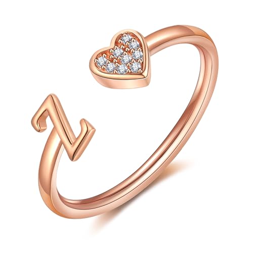 FUNEIA Herz Ring mit Buchstaben Damen Frauen Gold Silber Rosegold Verstellbarer Initiale A-Z Zirkonia Fingerring Stapelring Wasserfest Buchstabering Schmuck Mädchen Geschenkbox von FUNEIA