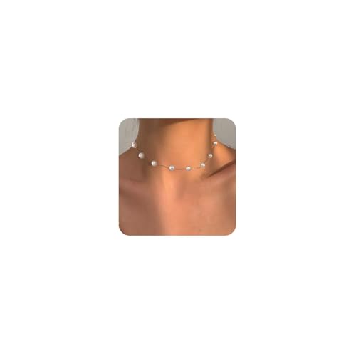 FUNEIA Perlen Kette Damen Frauen Gold Silber Halskette mit Süßwasserperlen Mädchen Teenager Weiße Perle Choker Kette für Freundin Strang Hochzeit Abschlussball Braut Perlen Modeschmuck Geschenke von FUNEIA