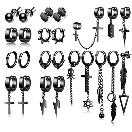 FUNEIA 24 Stücke Ohrringe Herren und Damen Edelstahl Ohrringe Silber Schwarz Ohrstecker Kleine Creolen Kreuz Feder Anhänger Ohrring Set Gothic Ohrringe für Männer von FUNEIA