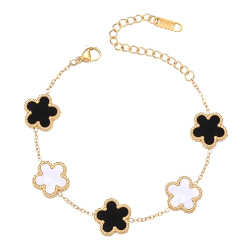 FUNIO Kleeblatt Armband für Damen - 18 Karat Gold Armband Armreif Glücksarmband Schmuck Geschenk für Damen (Black+White Mixed) von FUNIO