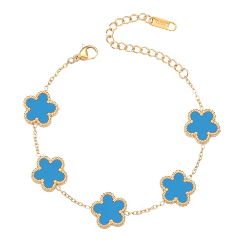 FUNIO Kleeblatt Armband für Damen - 18 Karat Gold Armband Armreif Glücksarmband Schmuck Geschenk für Damen (Blau) von FUNIO