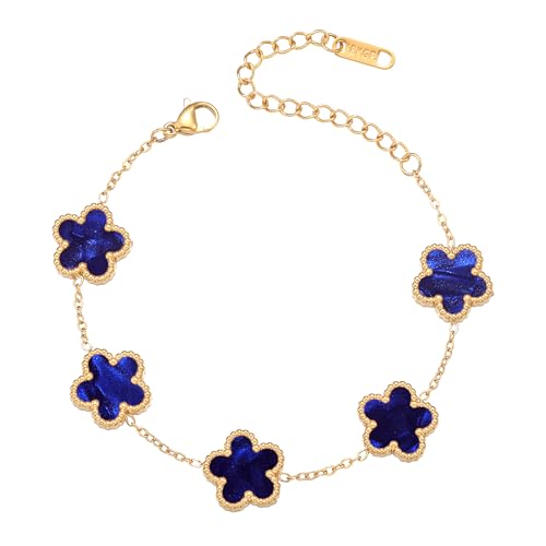 FUNIO Kleeblatt Armband für Damen - 18 Karat Gold Van Cleef Armband Armreif Glücksarmband Schmuck Geschenk für Damen (Dunkelblau) von FUNIO