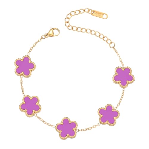 FUNIO Kleeblatt Armband für Damen - 18 Karat Gold Armband Armreif Glücksarmband Schmuck Geschenk für Damen (Lila) von FUNIO