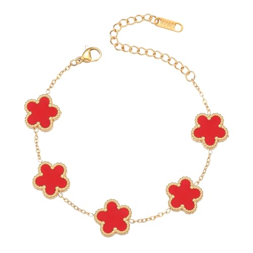 FUNIO Kleeblatt Armband für Damen - 18 Karat Gold Armband Armreif Glücksarmband Schmuck Geschenk für Damen (Rot) von FUNIO