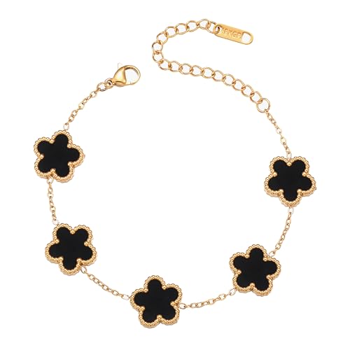 FUNIO Kleeblatt Armband für Damen - 18 Karat Gold Link Van Cleef Armband Armreif Glücksarmband Schmuck Geschenk für Damen (Schwarz) von FUNIO