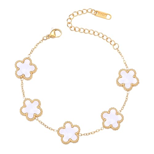 FUNIO Kleeblatt Armband für Damen - 18 Karat Gold Link Van Cleef Armband Armreif Glücksarmband Schmuck Geschenk für Damen (Weiß) von FUNIO