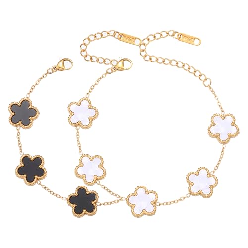 FUNIO Kleeblatt Armband für Damen - 18 Karat Gold Link Armband Armreif Glücksarmband Schmuck Geschenk für Damen (Weiß+Schwarz) von FUNIO