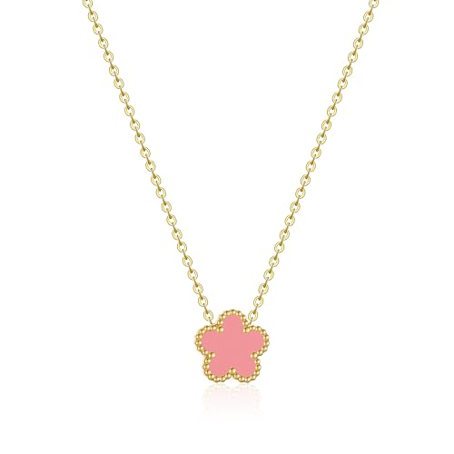FUNIO Kleeblatt Kette für Damen - 18 Karat Gold Halskette Kettenanhänger Necklace Goldkette Schmuck Geschenk für Damen Women (Rosa) von FUNIO