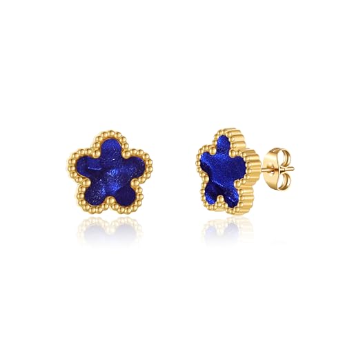 FUNIO Kleeblatt Ohrringe für Damen - 18 Karat Gold Earrings CC Ohrringe Schmuck Geschenk für Damen Women (Dunkelblau) von FUNIO