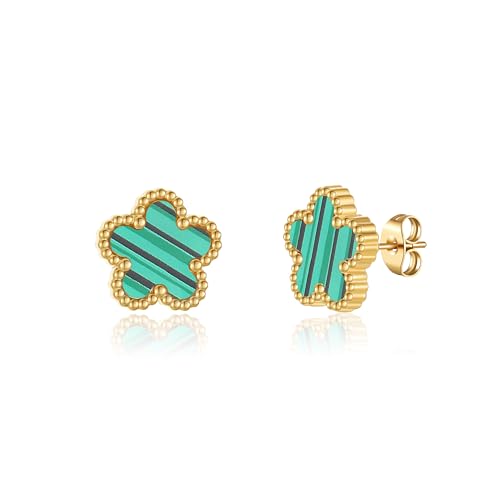 FUNIO Kleeblatt Ohrringe für Damen - 18 Karat Gold Earrings CC Ohrringe Schmuck Geschenk für Damen Women (Grün) von FUNIO