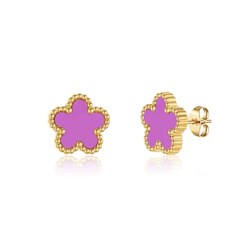 FUNIO Kleeblatt Ohrringe für Damen - 18 Karat Gold Earrings CC Ohrringe Schmuck Geschenk für Damen Women (Lila) von FUNIO