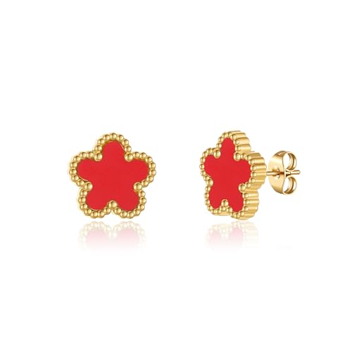 FUNIO Kleeblatt Ohrringe für Damen - 18 Karat Gold Earrings CC Ohrringe Schmuck Geschenk für Damen Women (Rot) von FUNIO