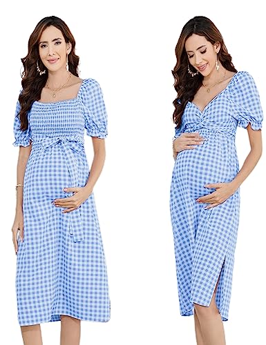 FUNJULY Damen Umstandskleid Kurzarm Quadratischer Ausschnitt Plaid Rücken Binden Boho Flowy Midi Kleid für Fotoshooting Party, Hellblau kariert, X-Groß von FUNJULY