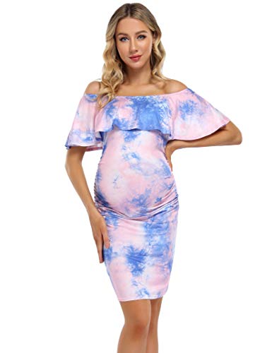 FUNJULY Umstandskleid Damen Schulterfrei Casual Maxikleid Umstandskleid für Babyshower Fotografie, Pink/Blau, Klein von FUNJULY