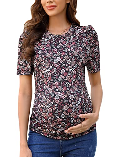 Umstandsshirts Damen Casual Blumendruck Tops Schwangerschaft Puff Kurzarm Gestreift Geraffte Seite Tunika Top, Schwarz, floral, Mittel von FUNJULY