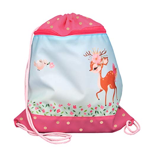 FUNKI Turnbeutel Bambi mit Rehmotiv, Praktische Aussentasche mit Reissverschluss, federleicht und praktisch verstaubar hellblau/rosa, Polyester, 36x42cm von FUNKI