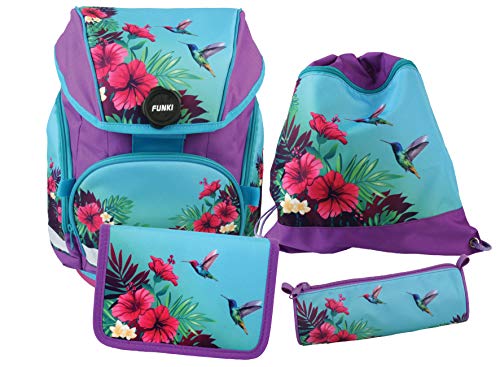 FUNKI Schulrucksack Set, 4-teilig, Grundschul-Starter-Set für Mädchen, Komplett-Set aus Schultasche, Etui, Rundbeutel und Turnbeutel mit Kolibrimotiv, Polyester, Joy-Bag Tropical von FUNKI